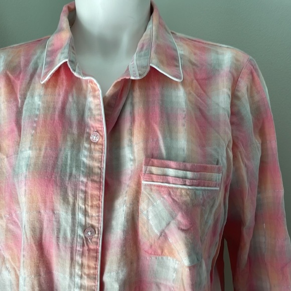 Victoria's Secret Pajama Shirt Top Pastel Metallic Plaid Button Front - Picture 2 of 6